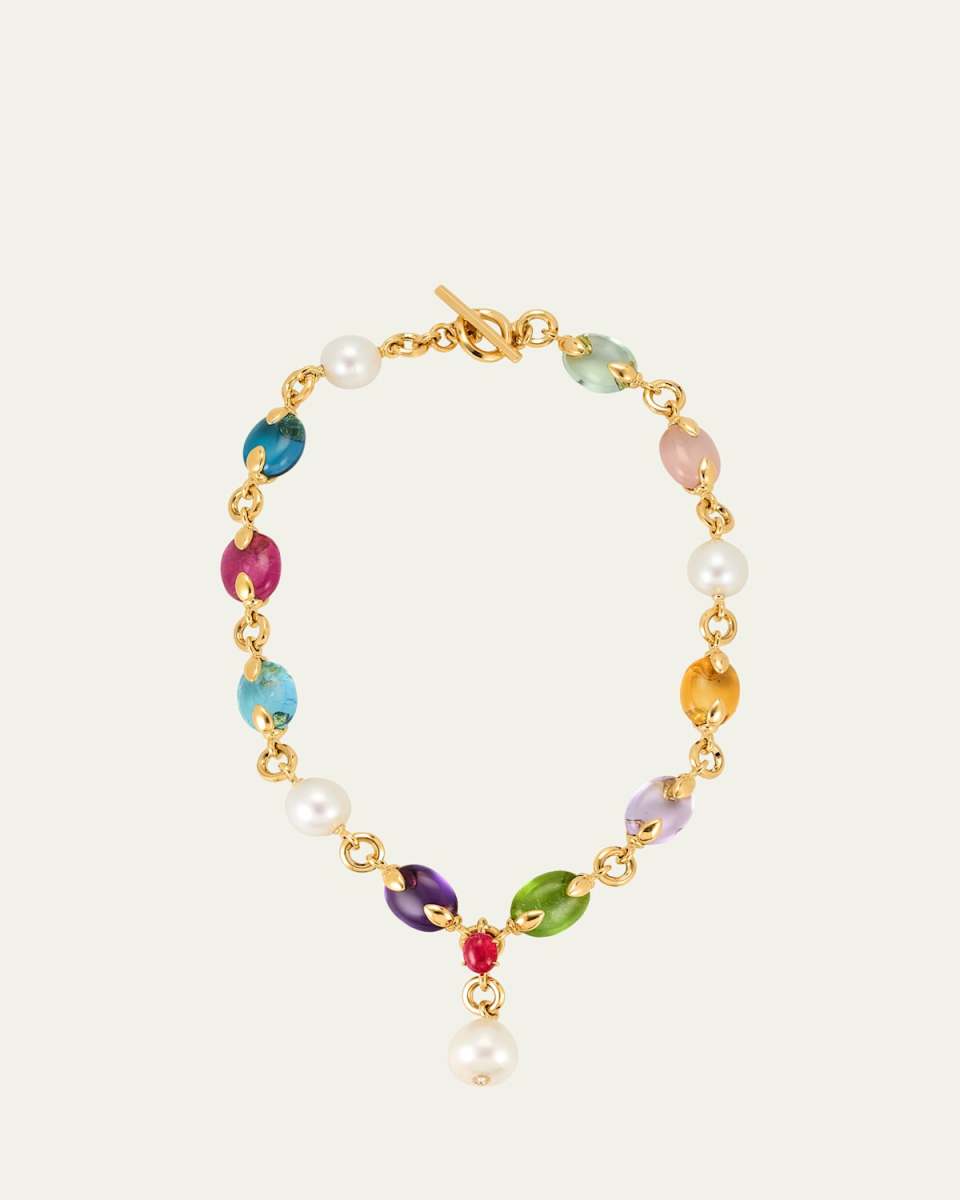 Fulco Y 18K Yellow Gold Necklace with South Sea Pearls, Diamonds, and Precious Gemstones